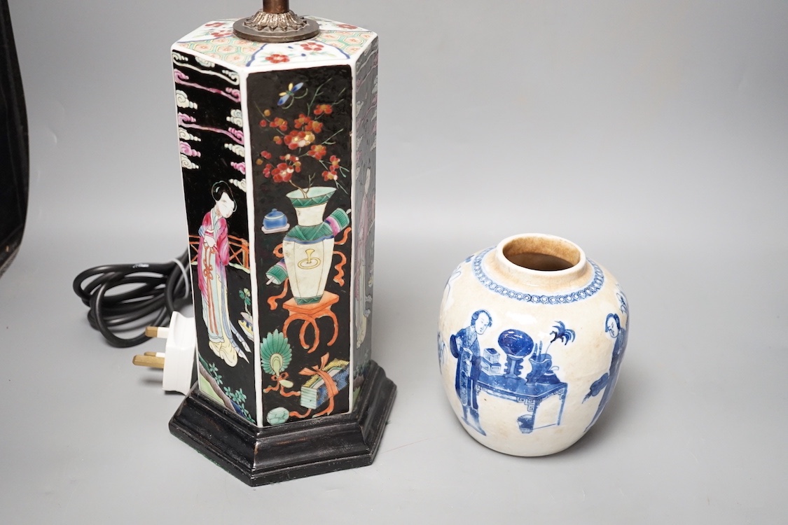 A Chinese famille noire hexagonal vase mounted as a lamp, total height 39 cm and a blue and white crackle glaze jar, late 19th century